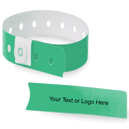 slim plastic wristband with a detachable stub and placeholder to show where you can customize the wristband in pantone green