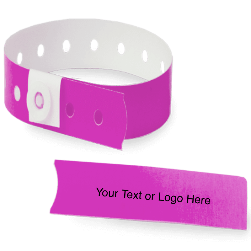 slim plastic wristband with a detachable stub and placeholder to show where you can customize the wristband in pantone purple