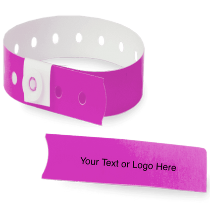 slim plastic wristband with a detachable stub and placeholder to show where you can customize the wristband in pantone purple