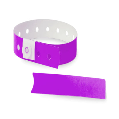 Plastic slim wristband in purple - shown in round with stub