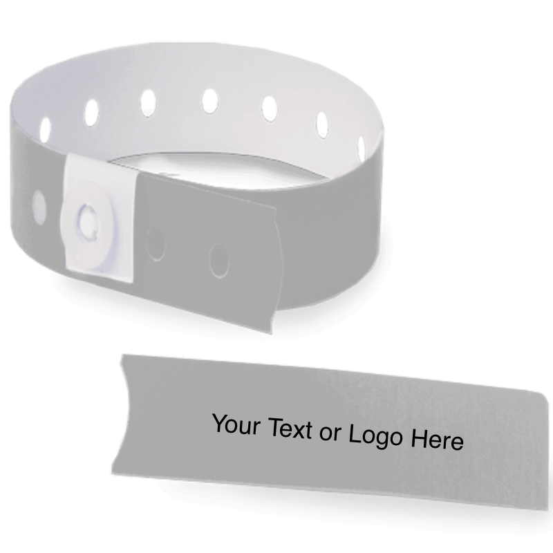 slim plastic wristband with a detachable stub and placeholder to show where you can customize the wristband in silver