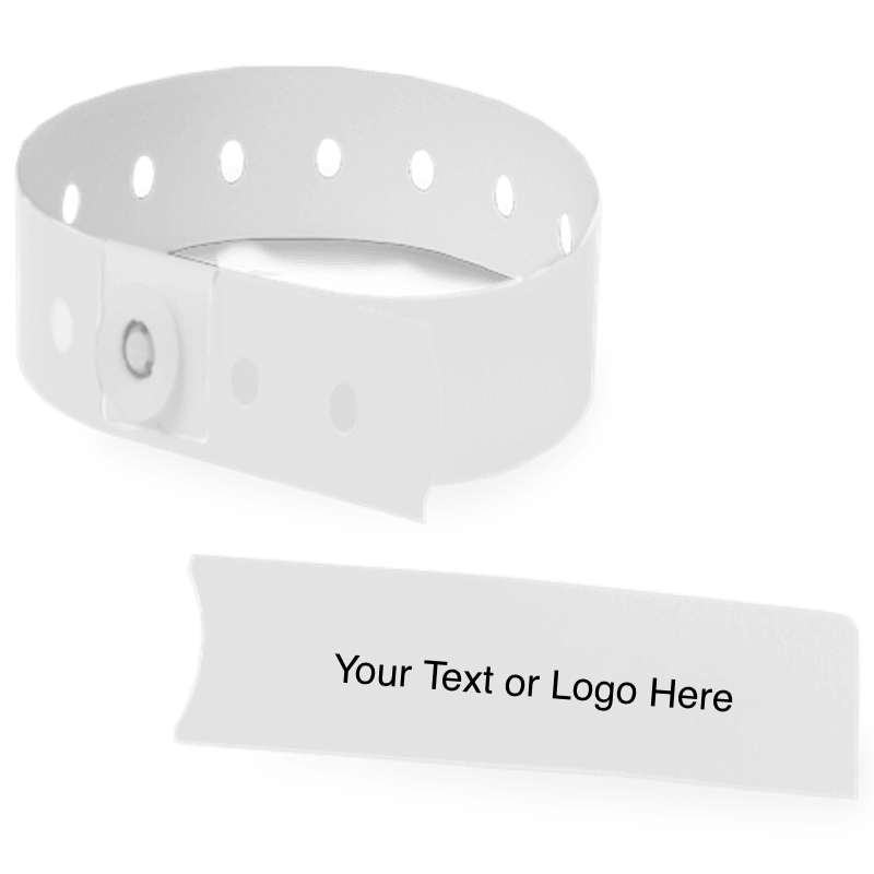 slim plastic wristband with a detachable stub and placeholder to show where you can customize the wristband in white