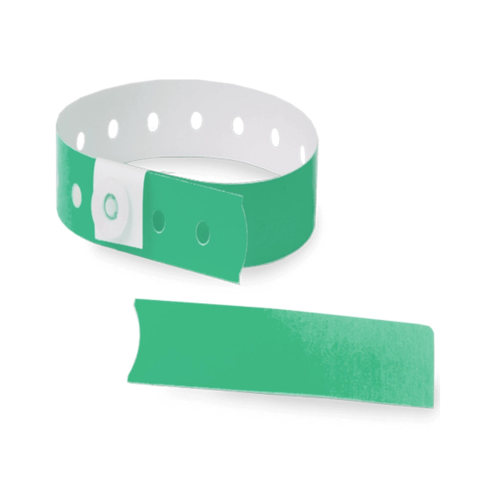 Plastic slim wristband in pantone green - shown in round with stub