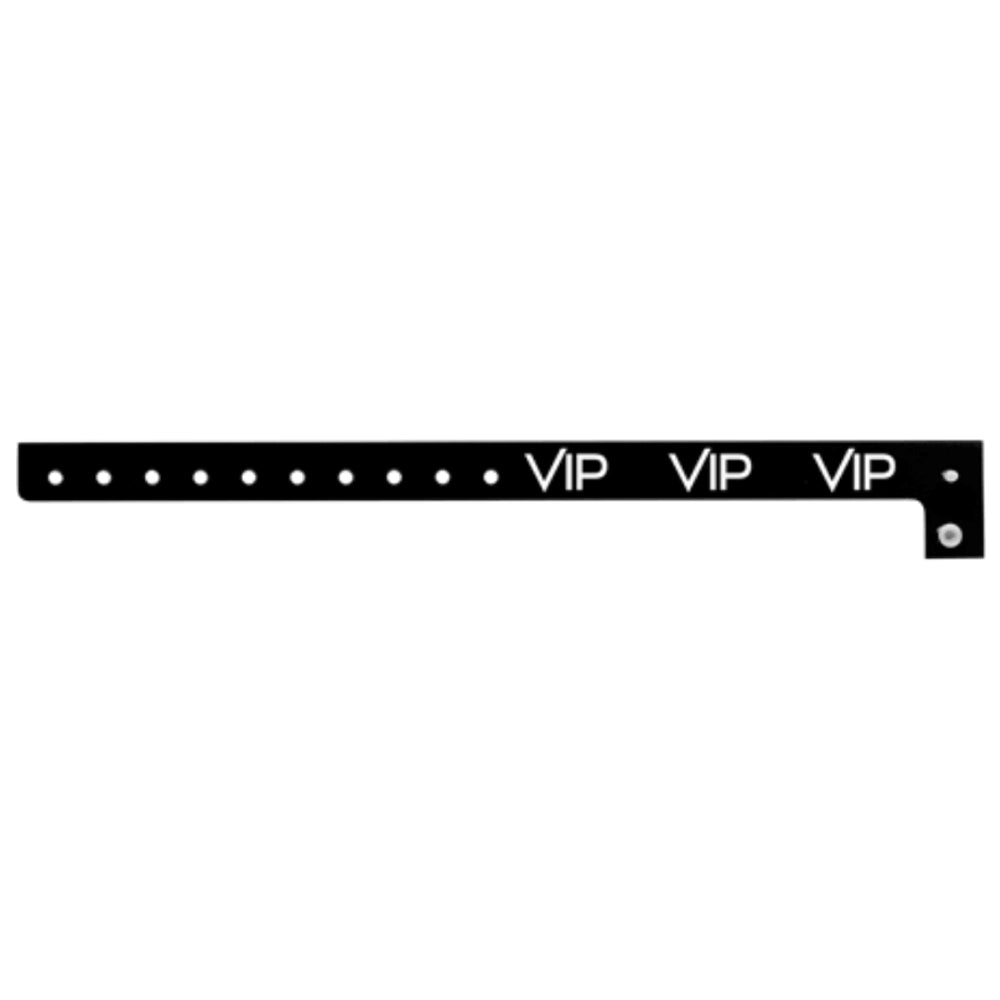 Black plastic wristband with text "VIP" printed in white across the wristband - shown in flat 