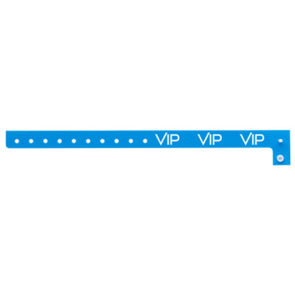 blue plastic wristband with text "VIP" printed in white across the wristband - shown in flat 