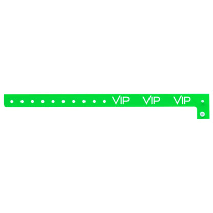 green plastic wristband with text "VIP" printed in white across the wristband - shown in flat 