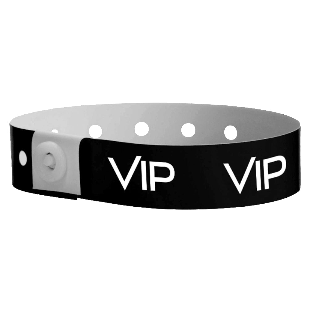 Black plastic wristband with text "VIP" printed in white across the wristband - shown in round