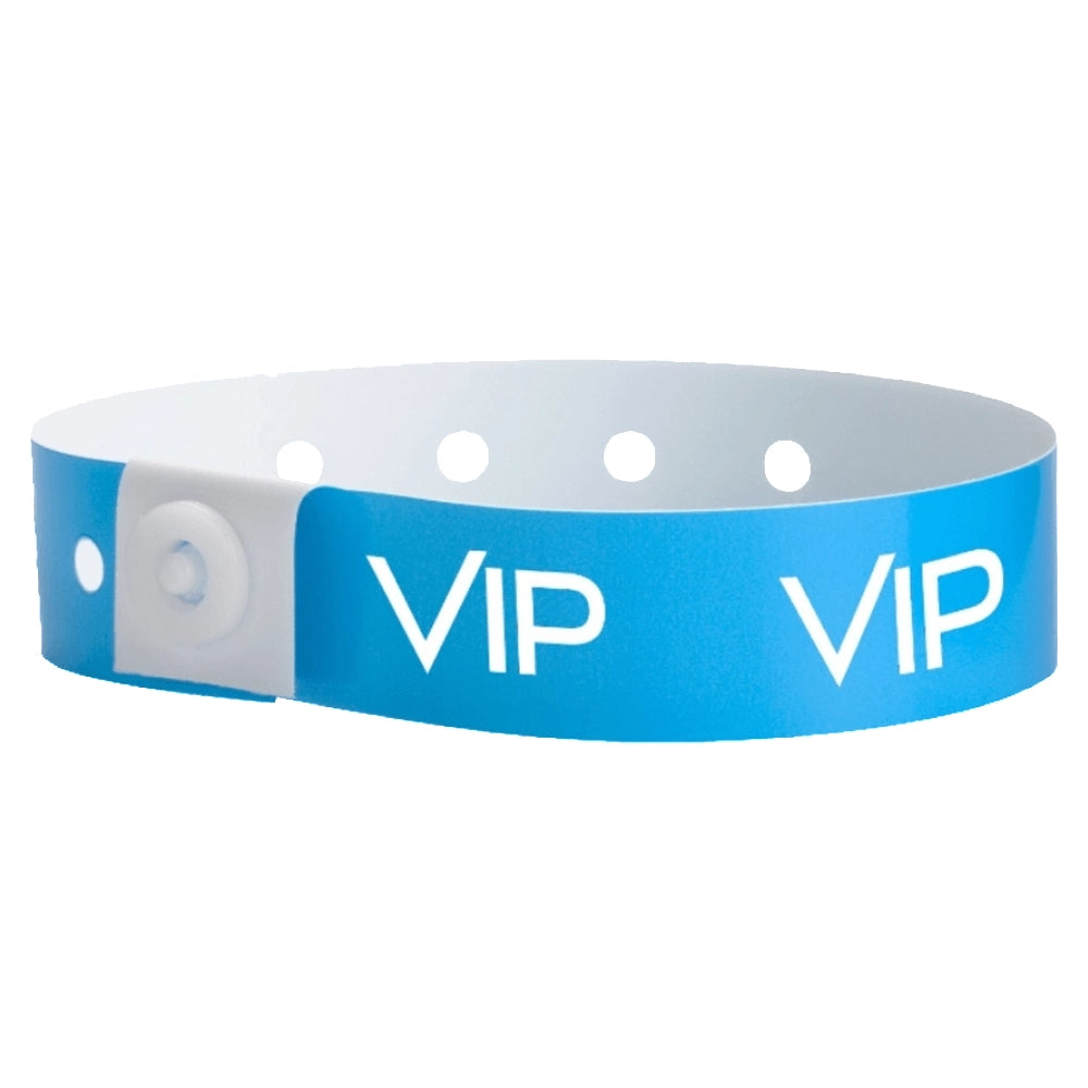 blue plastic wristband with text "VIP" printed in white across the wristband - shown in round