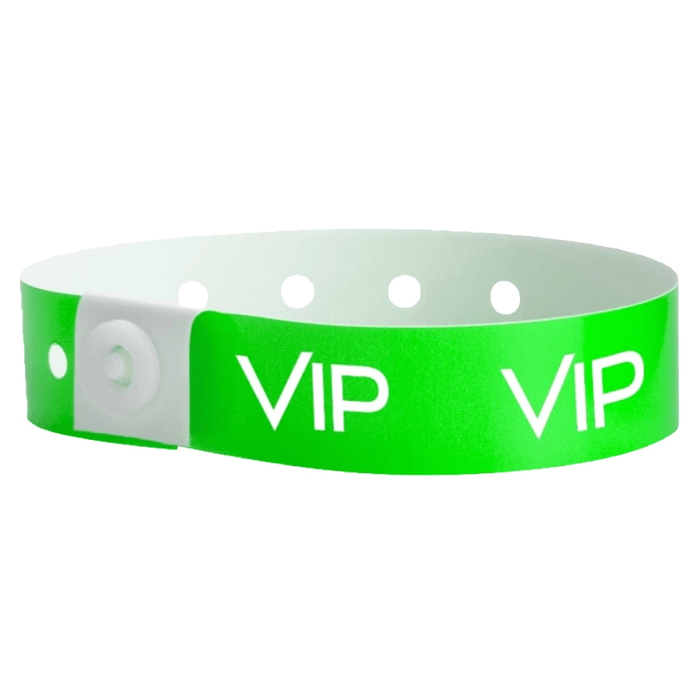 green plastic wristband with text "VIP" printed in white across the wristband - shown in round