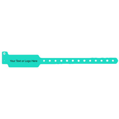 wide face plastic wristbands with a placeholder to show where you can customize the wristband in aqua