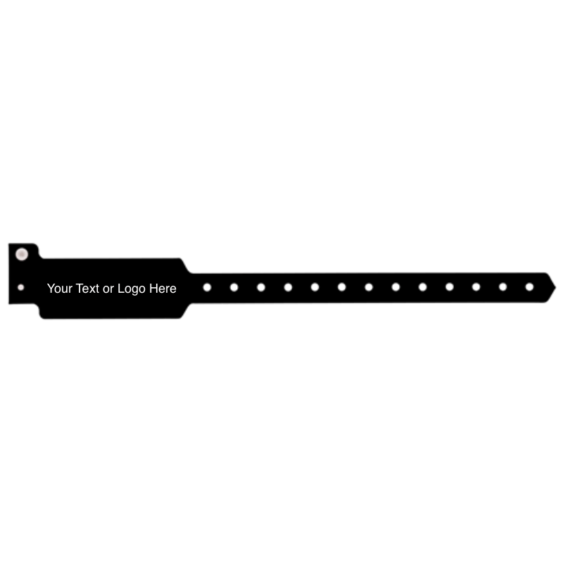 wide face plastic wristbands with a placeholder to show where you can customize the wristband on hand in black