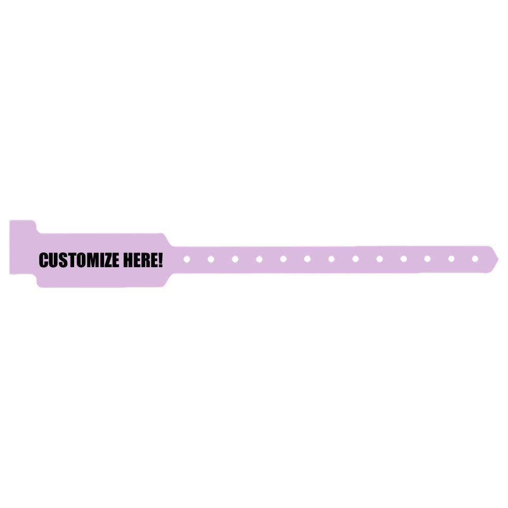 Plastic wide face wristband in lavender with black text "CUSTOMIZE HERE!" - shown in flat 