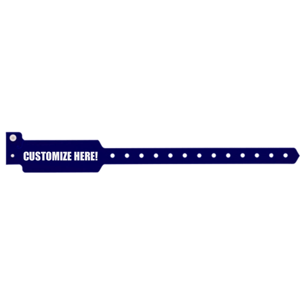 Plastic wide face wristband in navy blue with black text "CUSTOMIZE HERE!" - shown in flat 