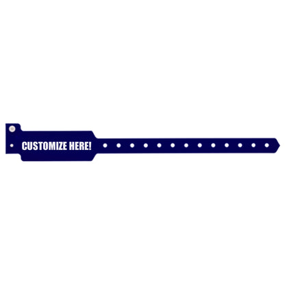 Plastic wide face wristband in navy blue with black text "CUSTOMIZE HERE!" - shown in flat 
