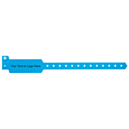 wide face plastic wristbands with a placeholder to show where you can customize the wristband on hand in neon blue