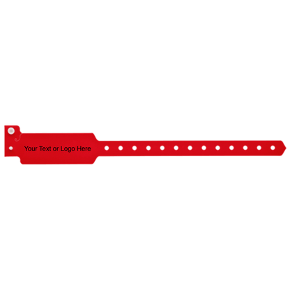 wide face plastic wristbands with a placeholder to show where you can customize the wristband on hand in neon red