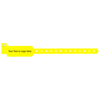 wide face plastic wristbands with a placeholder to show where you can customize the wristband on hand in neon yellow