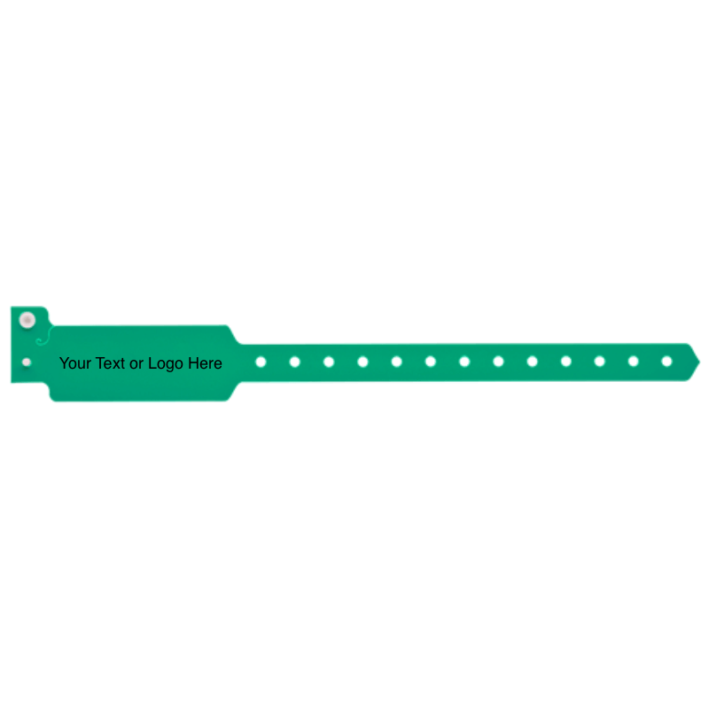 wide face plastic wristbands with a placeholder to show where you can customize the wristband on hand in pantone green