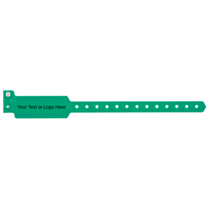 wide face plastic wristbands with a placeholder to show where you can customize the wristband on hand in pantone green