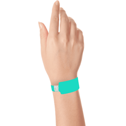 Wide face plastic solid wristband on hand in aqua