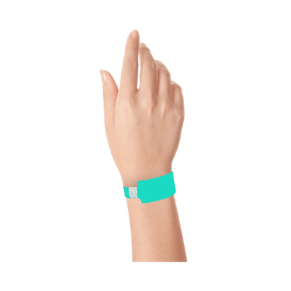 wrist wearing Plastic wide face wristband in aqua