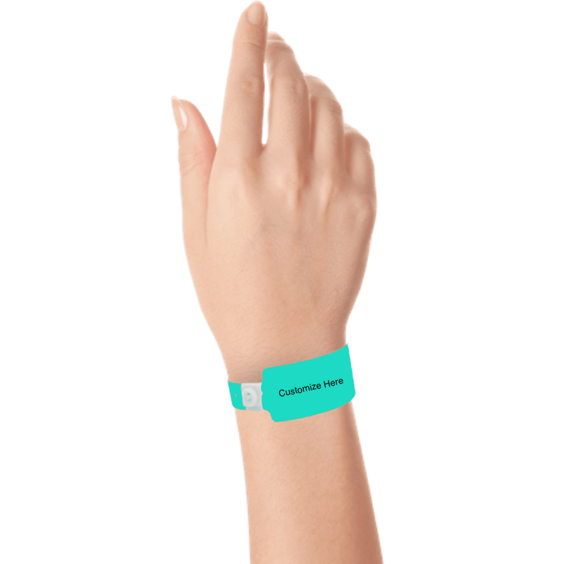 wide face plastic wristbands with a placeholder to show where you can customize the wristband on hand in aqua