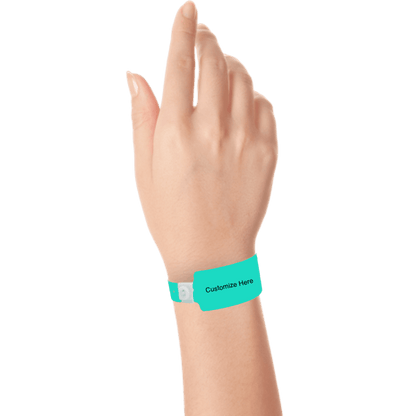 wide face plastic wristbands with a placeholder to show where you can customize the wristband on hand in aqua