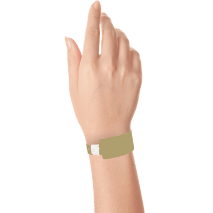 Wide face plastic solid wristband on hand in gold