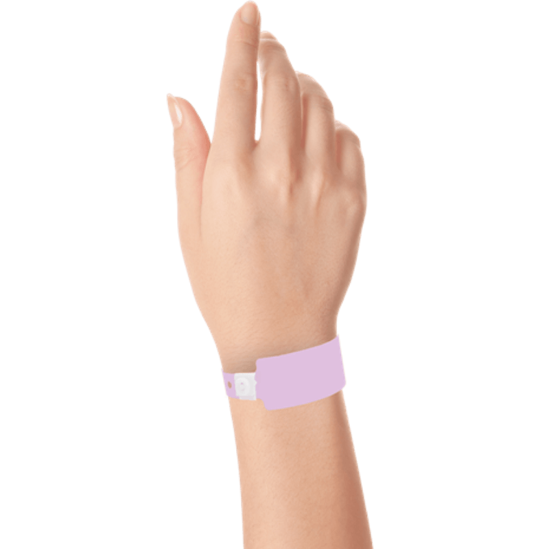 Wide face plastic solid wristband on hand in lavender