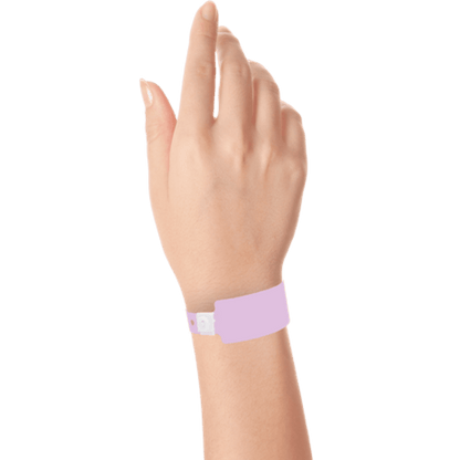 Wide face plastic solid wristband on hand in lavender