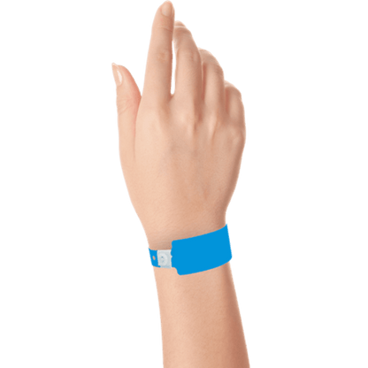 Wide face plastic solid wristband on hand in neon blue