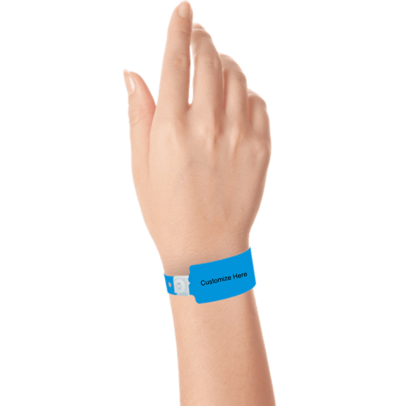 wide face plastic wristbands with a placeholder to show where you can customize the wristband on hand in neon blue