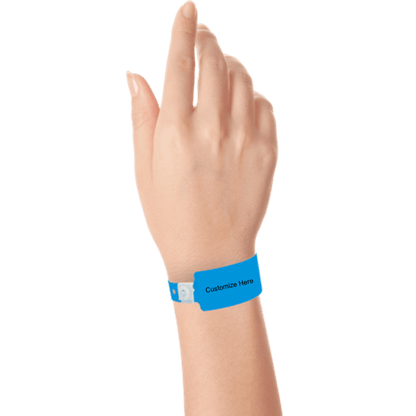 wide face plastic wristbands with a placeholder to show where you can customize the wristband on hand in neon blue