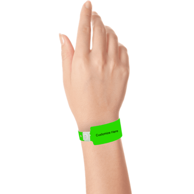 wide face plastic wristbands with a placeholder to show where you can customize the wristband on hand in neon green