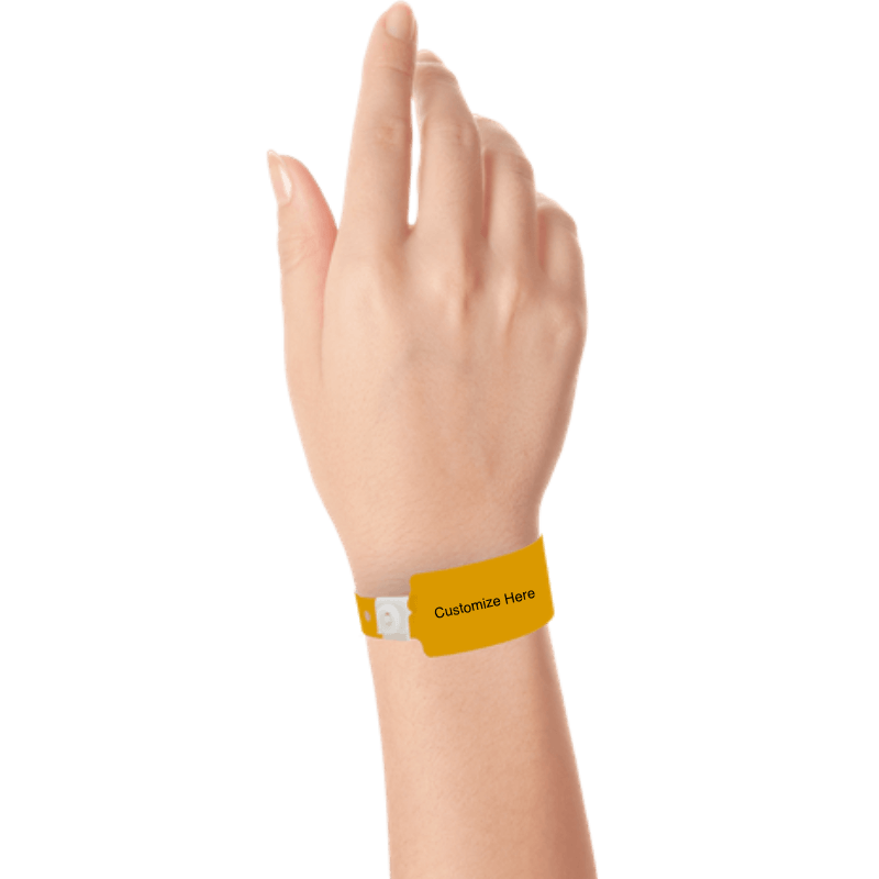 wide face plastic wristbands with a placeholder to show where you can customize the wristband on hand in neon orange