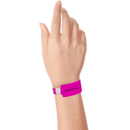 wide face plastic wristbands with a placeholder to show where you can customize the wristband on hand in neon pink
