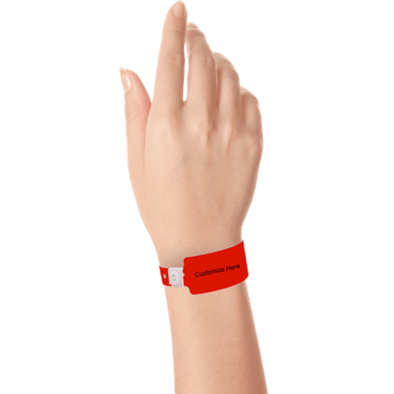 wide face plastic wristbands with a placeholder to show where you can customize the wristband on hand in neon red