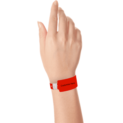 wide face plastic wristbands with a placeholder to show where you can customize the wristband on hand in neon red
