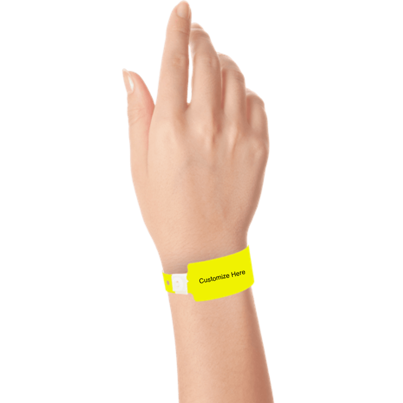 wide face plastic wristbands with a placeholder to show where you can customize the wristband on hand in neon yellow