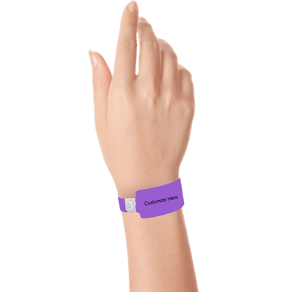 wide face plastic wristbands with a placeholder to show where you can customize the wristband on hand in purple