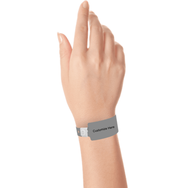 wide face plastic wristbands with a placeholder to show where you can customize the wristband on hand in silver