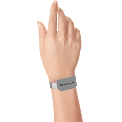 wide face plastic wristbands with a placeholder to show where you can customize the wristband on hand in silver