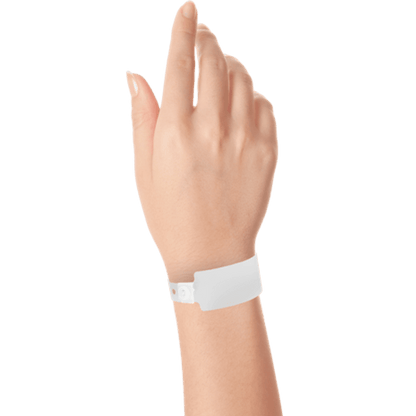 Wide face plastic solid wristband on hand in white