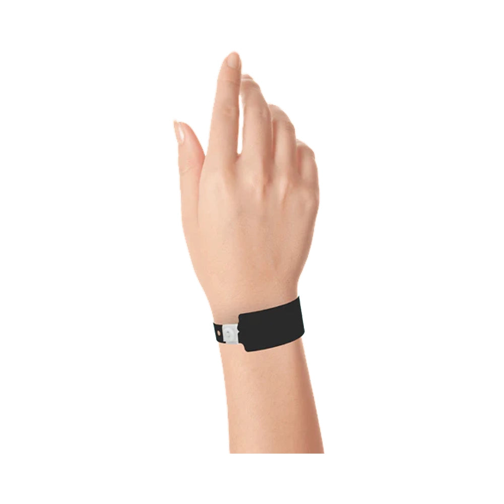Plastic wide face wristband in black - shown on wrist