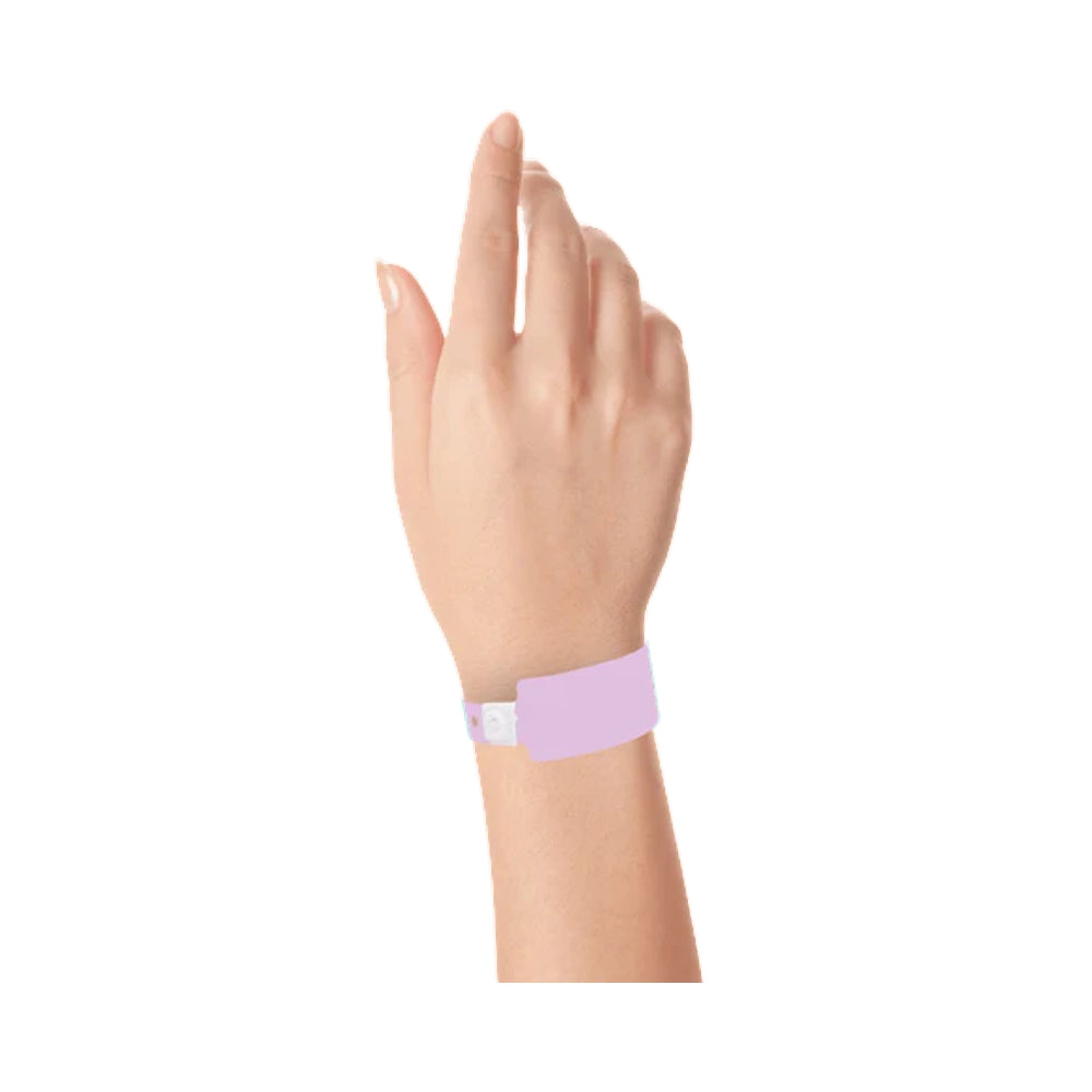 wrist wearing Plastic wide face wristband in lavender