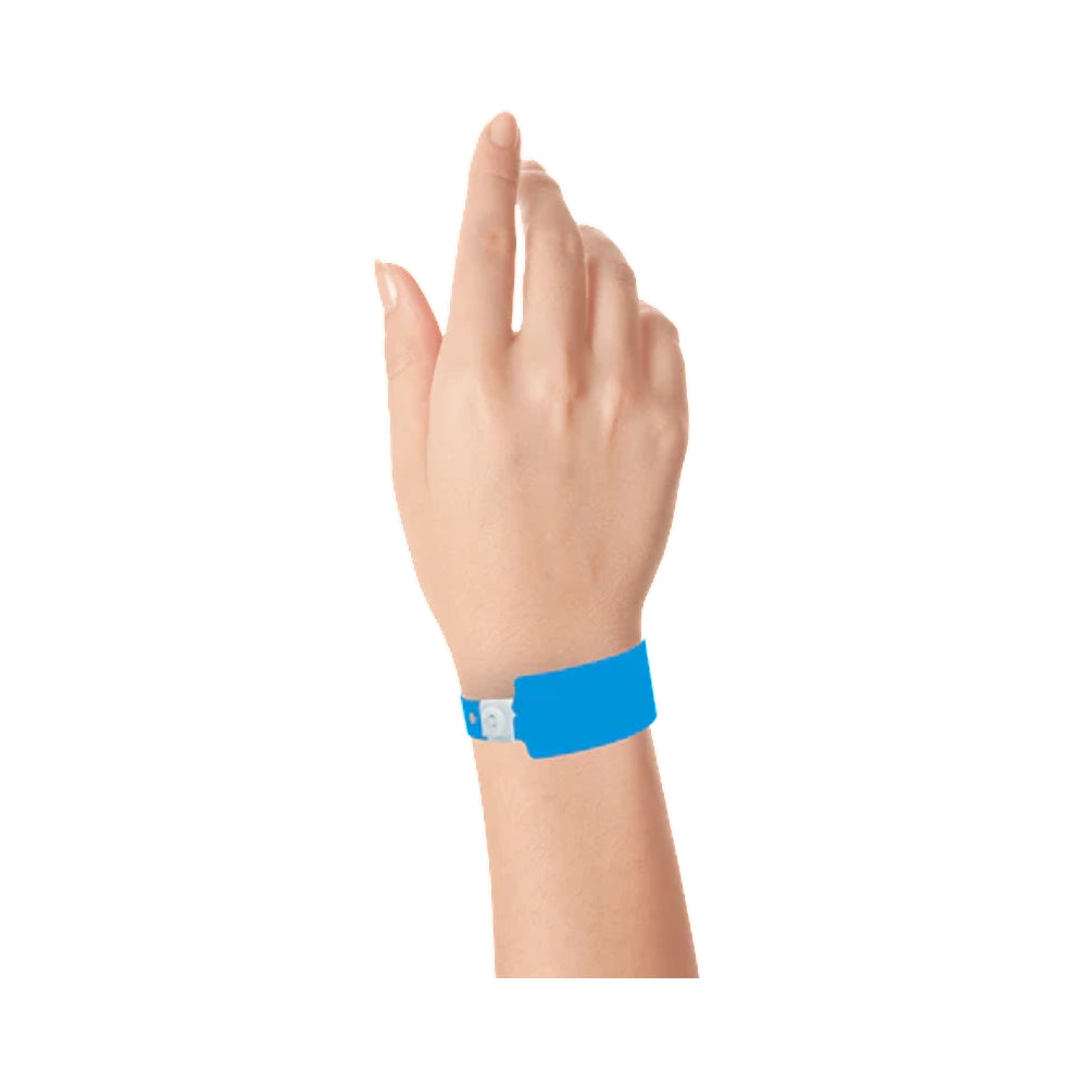wrist wearing Plastic wide face wristband in neon blue 