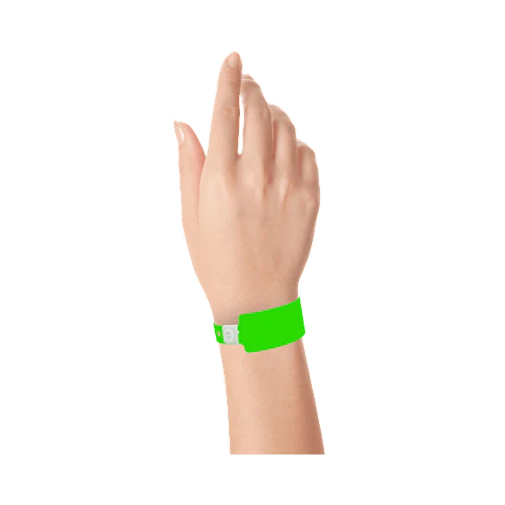 wrist wearing Plastic wide face wristband in neon green