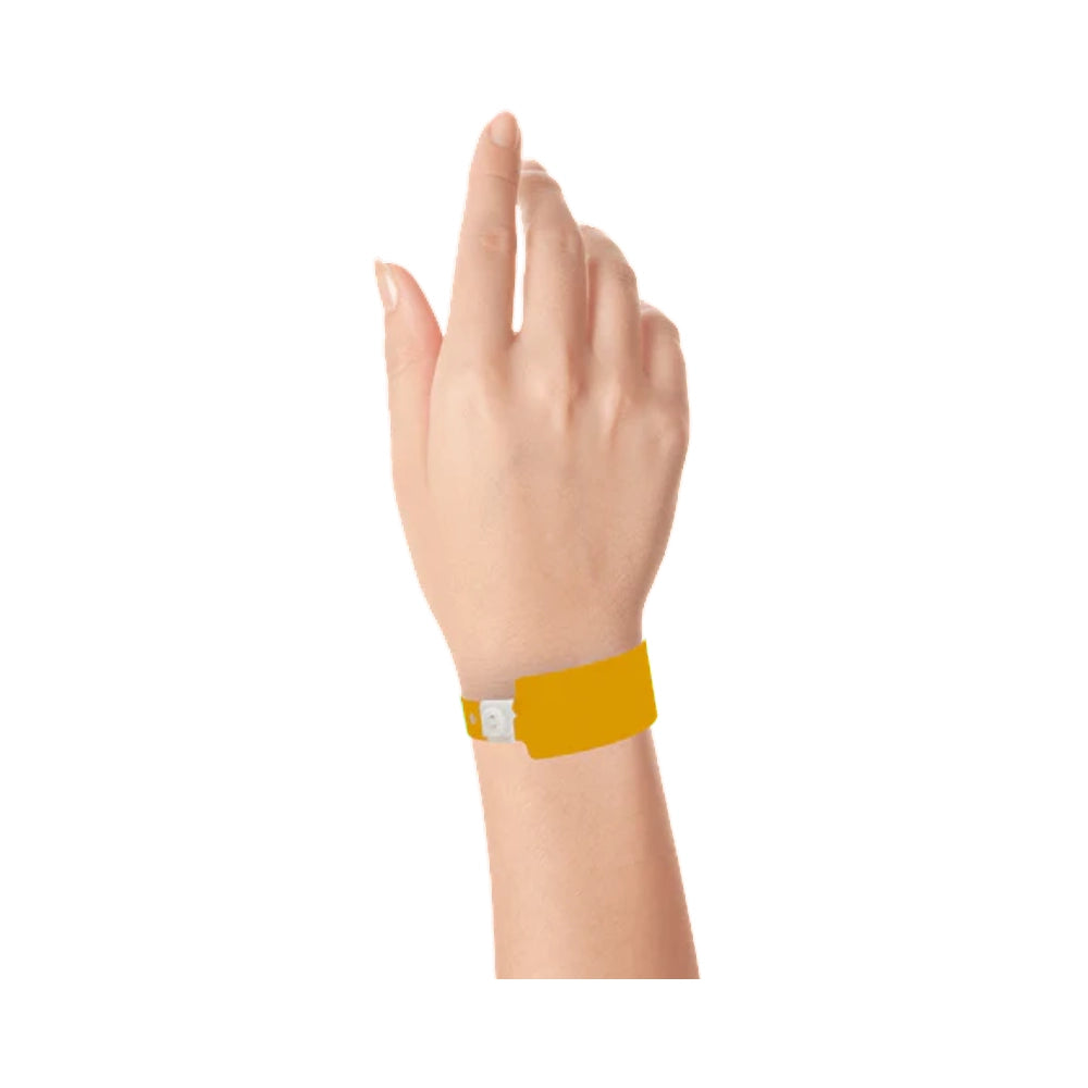 wrist wearing Plastic wide face wristband in neon orange