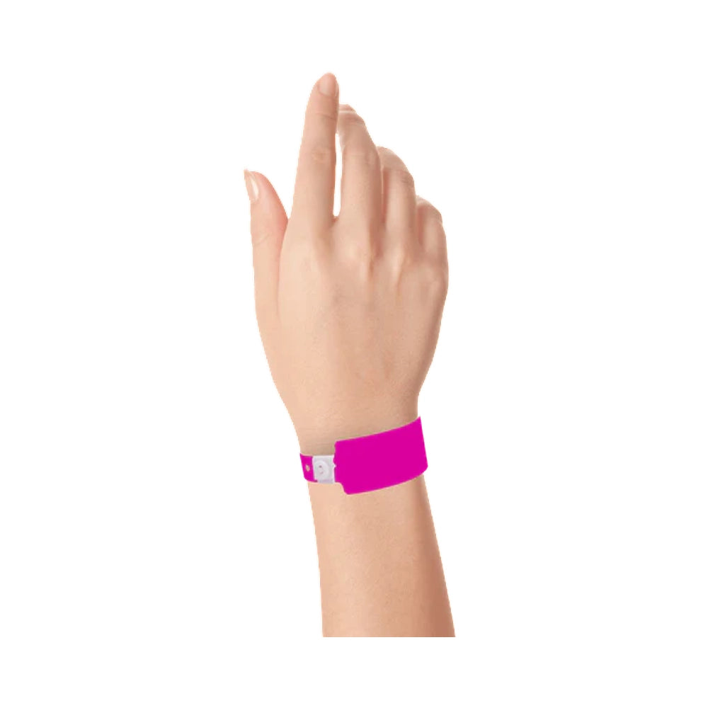 Plastic wide face wristband in neon pink - shown on wrist
