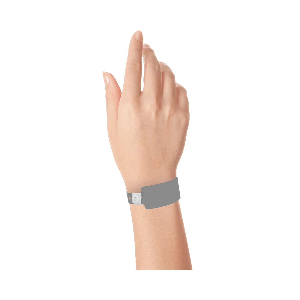 wrist wearing Plastic wide face wristband in silver